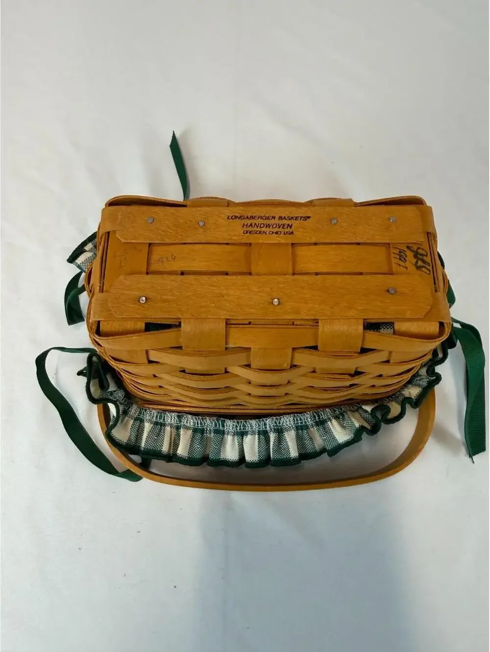 1996 Longaberger Dresden Tour Basket II w/Greed Plaid Liner, Protector & Tie-On